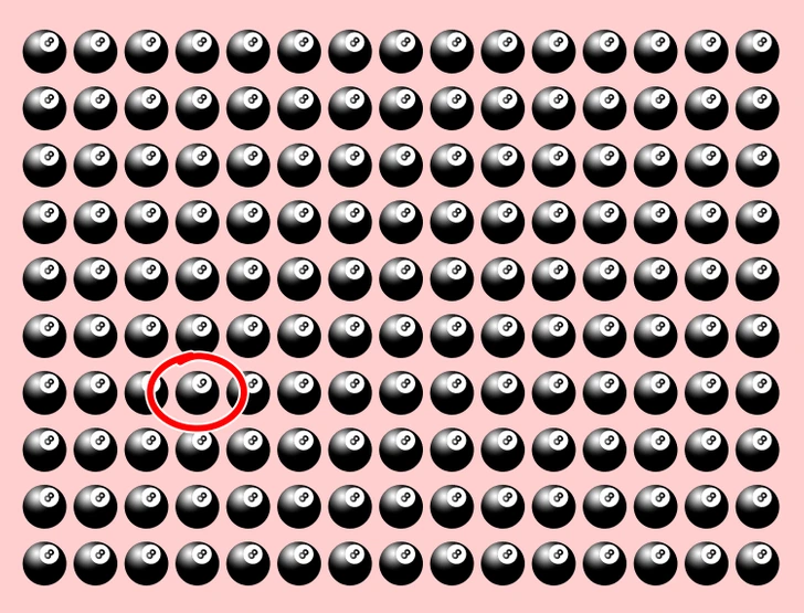 Teste visual com várias bolas de bilhar pretas com número 8 organizadas uniformemente sobre fundo rosa