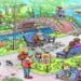 Teste visual com uma ilustração colorida de um parque, com pessoas, bancos, uma ponte, animais e árvores ao redor de um riacho.