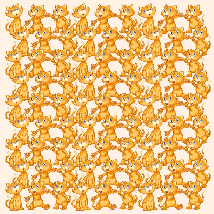 Encontre o gato diferente em meio aos muitos gatos laranja em desenho. Teste visual com vários gatos laranja desenhados, todos iguais, exceto um com uma pequena diferença.