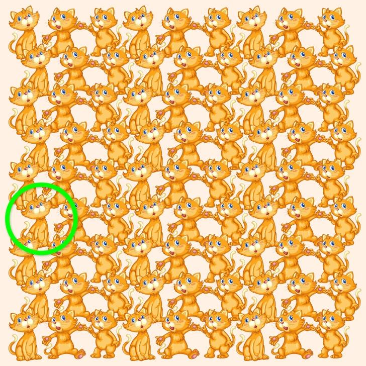 Desafio dos gatos laranja para encontrar o diferente. Teste visual com vários gatos laranja desenhados, todos iguais, exceto um com uma pequena diferença.