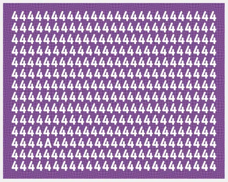 Teste visual com muitos números 4 brancos em um fundo roxo, contendo uma letra A entre eles
