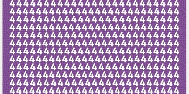 Teste visual com muitos números 4 brancos em um fundo roxo, contendo uma letra A entre eles