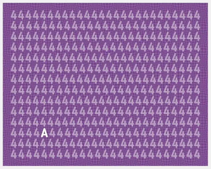Teste visual com muitos números 4 brancos em um fundo roxo, contendo uma letra A entre eles