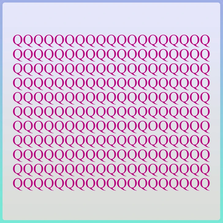 Encontre a única letra O escondida entre várias letras Q. Teste visual com várias letras Q em cor vinho organizadas em linhas, com uma letra O entre elas