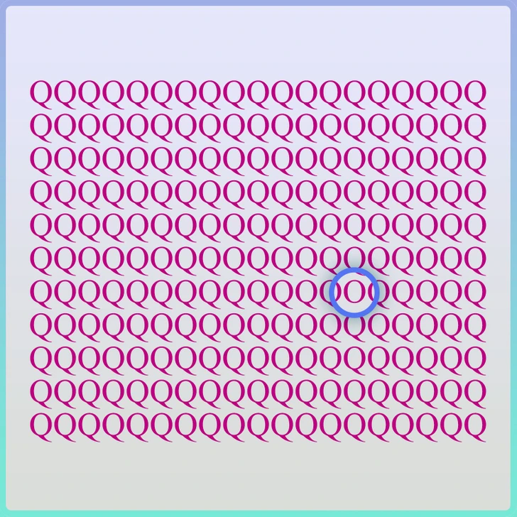 Letras Q em destaque com uma letra O escondida Teste visual com várias letras Q em cor vinho organizadas em linhas, com uma letra O entre elas