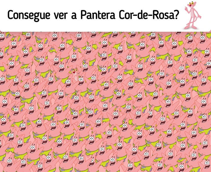 Teste sua atenção e tente encontrar a Pantera Cor-de-Rosa escondida. Teste visual com vários Patrick Estrela em tom de rosa e uma pantera cor-de-rosa escondida no meio
