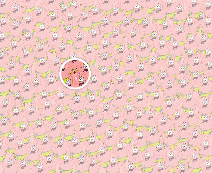 Desafio Visual: Encontre a Pantera Cor-de-Rosa Teste visual com vários Patrick Estrela em tom de rosa e uma pantera cor-de-rosa escondida no meio