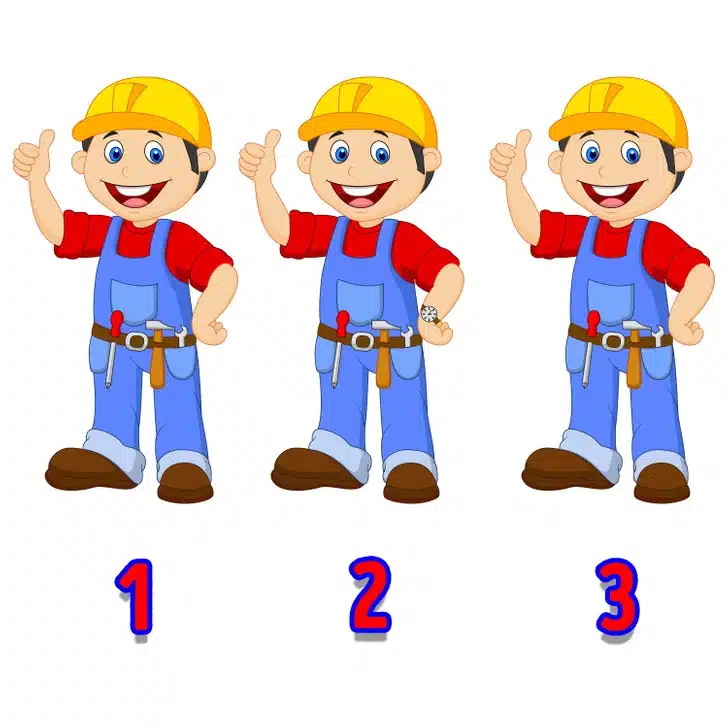 Ache a diferente na ilustração de trabalhador da construção sinalizando positivo. Teste visual com desenho de trabalhador da construção civil com capacete amarelo, macacão azul e camisa vermelha, sinalizando positivo