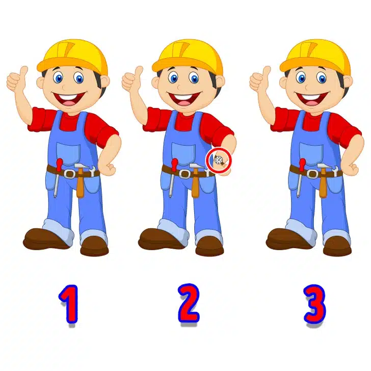 Encontre o trabalhador diferente entre os trabalhadores da construção com capacete e macacão azul Teste visual com desenho de trabalhador da construção civil com capacete amarelo, macacão azul e camisa vermelha, sinalizando positivo