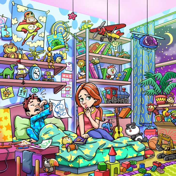 Encontre o bicho de pelúcia perdido no quarto com muitos brinquedos e livros. Teste visual com um quarto infantil cheio de brinquedos, livros e decoração