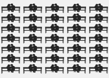 Teste visual com desenho em preto e branco de múltiplas silhuetas de casais sentados juntos em bancos, repetidos em padrão uniforme.