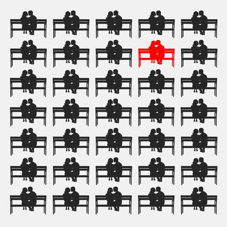Descubra qual o casal diferente entre os casais sentados em bancos em repetição Teste visual com desenho em preto e branco de múltiplas silhuetas de casais sentados juntos em bancos, repetidos em padrão uniforme.