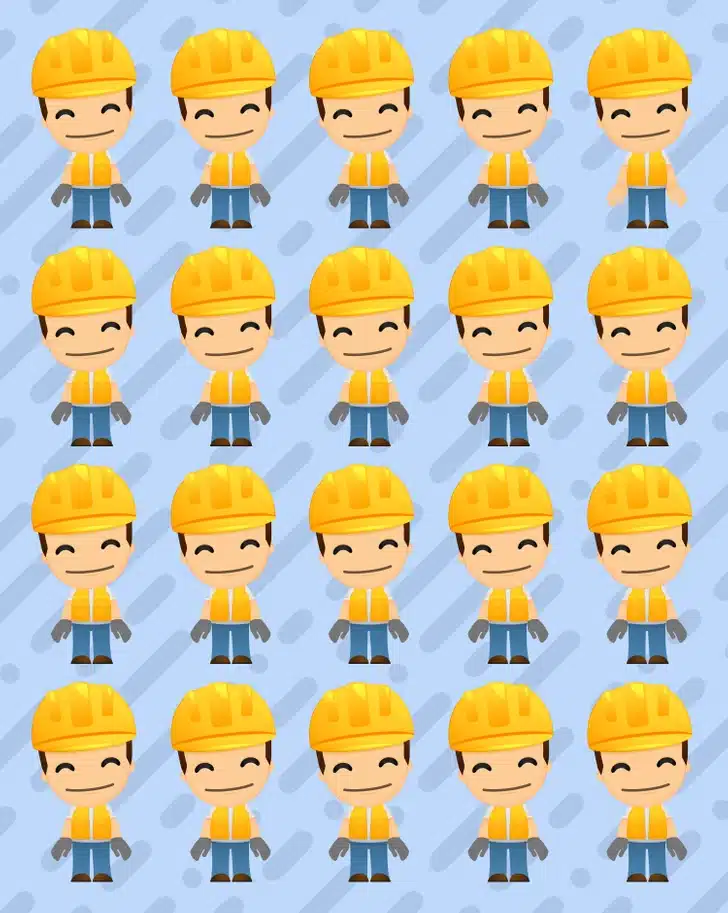 Teste visual com vários engenheiros com capacete amarelo e colete laranja organizados em padrão sobre fundo azul