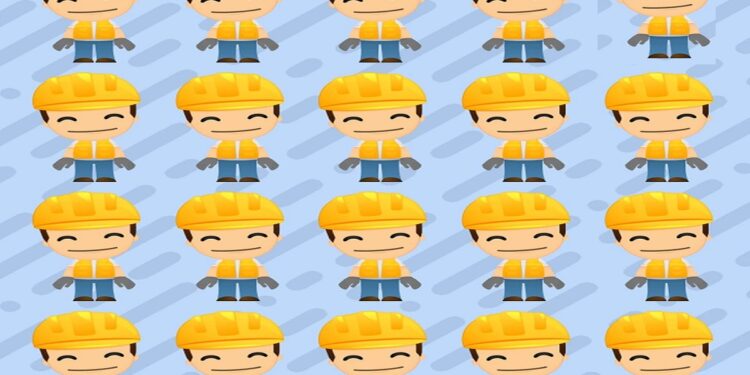 Teste visual com vários engenheiros com capacete amarelo e colete laranja organizados em padrão sobre fundo azul