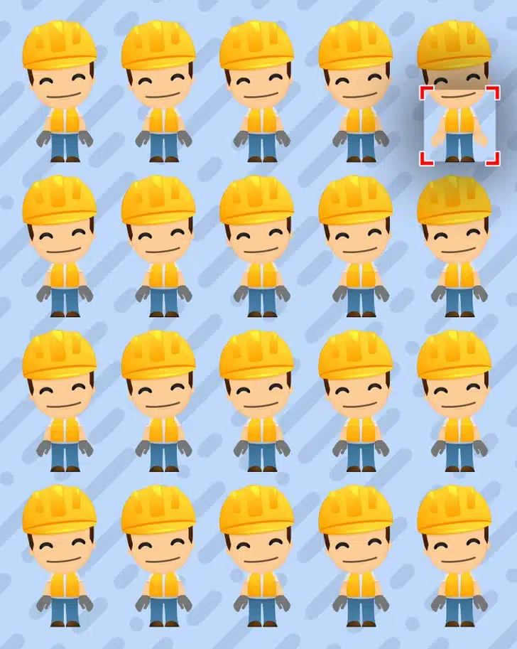 Teste visual com vários engenheiros com capacete amarelo e colete laranja organizados em padrão sobre fundo azul