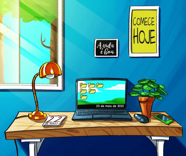 Teste visual com uma mesa de madeira com laptop, planta, abajur e quadros motivacionais em ambiente com parede azul