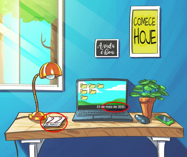 Teste visual com uma mesa de madeira com laptop, planta, abajur e quadros motivacionais em ambiente com parede azul