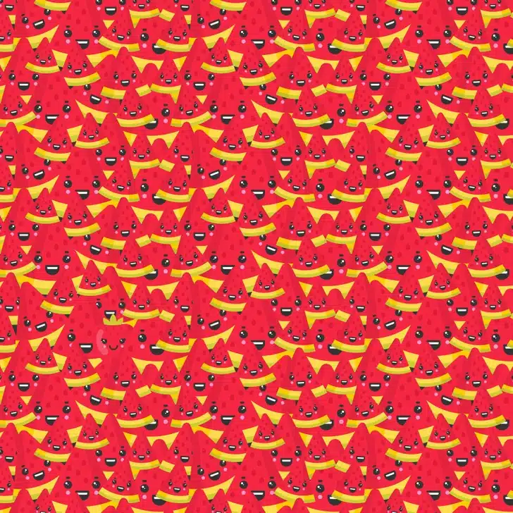 Teste visual com várias fatias de melancia vermelha com rostos animados e expressões felizes