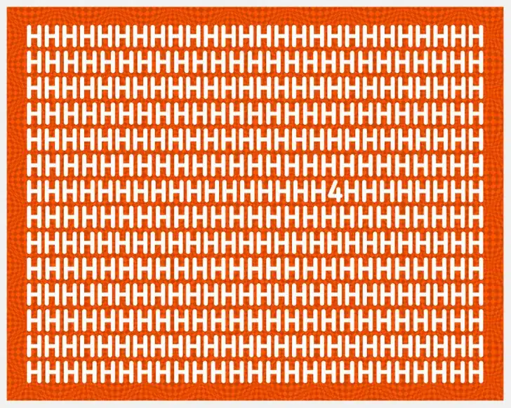 Desafio visual onde o número 4 está escondido entre várias letras H em fundo laranja. Teste visual com muitas letras H brancas em fundo laranja, com número 4 escondido entre elas