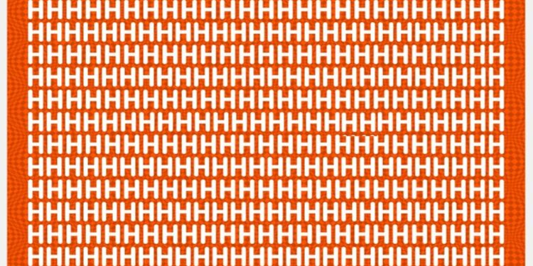 Teste visual com muitas letras H brancas em fundo laranja, com número 4 escondido entre elas