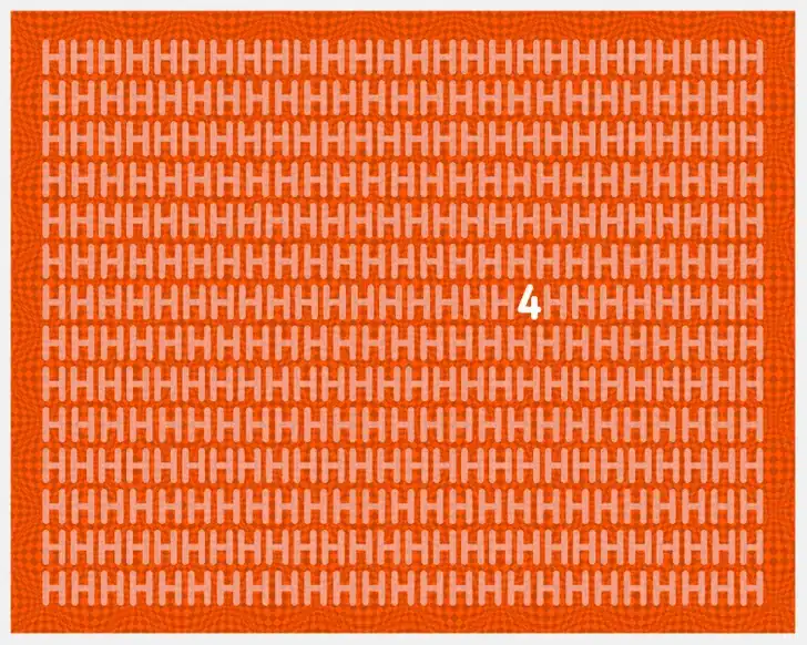 Encontre o número distinto entre as letras H brancas. Teste visual com muitas letras H brancas em fundo laranja, com número 4 escondido entre elas