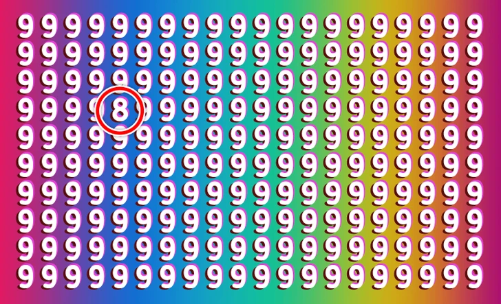 Encontre o número 8 camuflado no padrão de números 9 em fundo rosa degradê Teste visual com várias fileiras de números 9 em branco com sombra azul, fundo rosa com efeito degradê amarelo