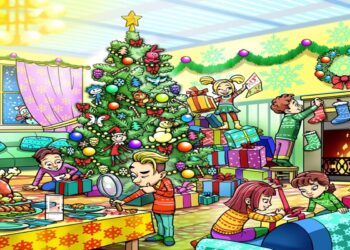 Teste visual com crianças felizes decorando árvore de Natal com presentes e enfeites