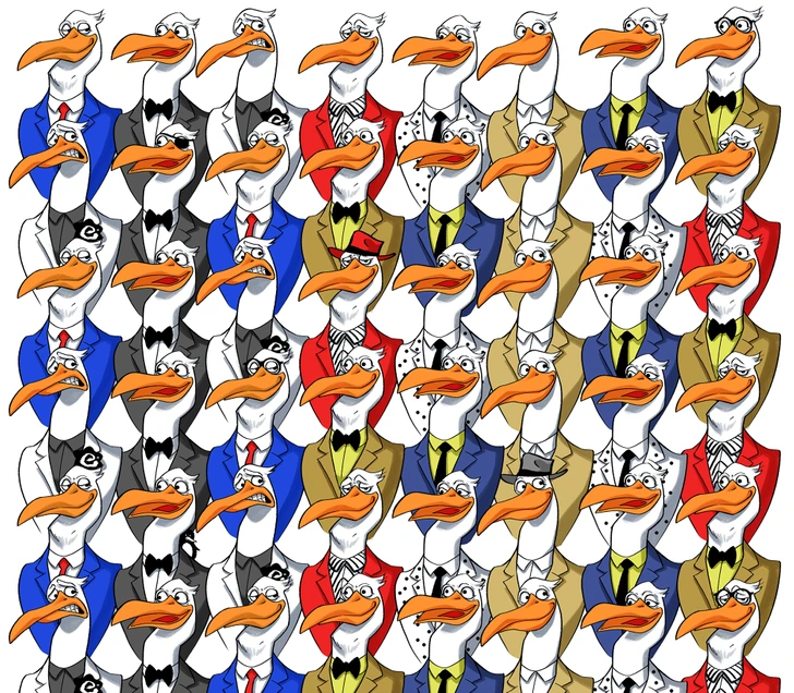 Ache o pinguim escondido no grupo de aves com ternos e gravatas de várias cores. Teste visual com uma ilustração de várias aves vestindo ternos coloridos e gravatas