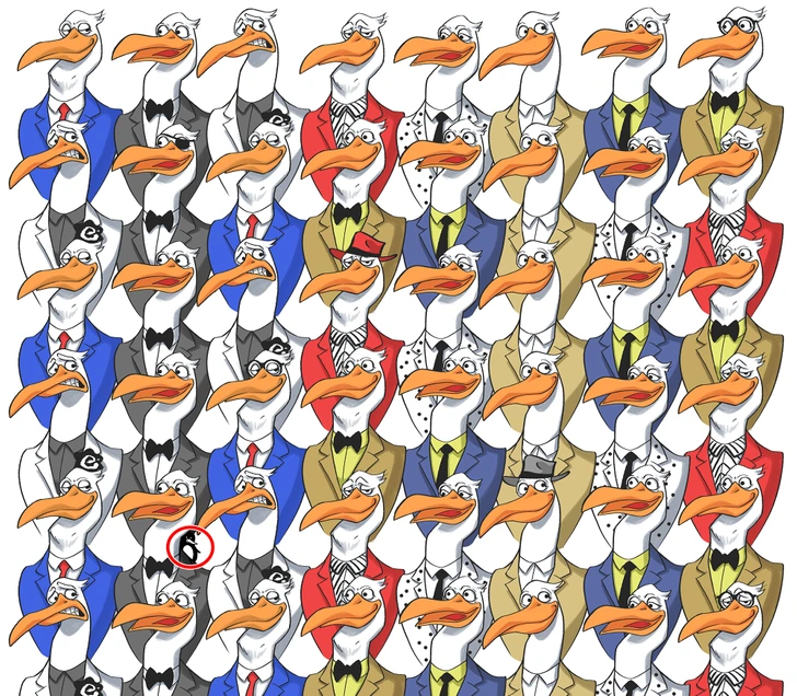 Encontre o pinguim entre as aves usando ternos coloridos variados Teste visual com uma ilustração de várias aves vestindo ternos coloridos e gravatas