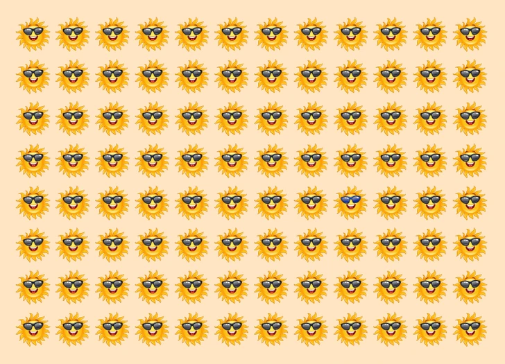 Ache o sol fora do padrão camuflado entre vários emojis de sol. Teste visual com vários emojis de sol amarelo com óculos escuros e sorriso em fundo bege formando padrão repetitivo