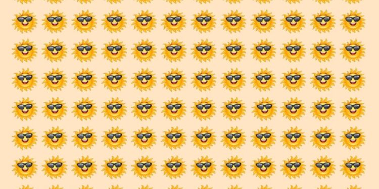 Teste visual com vários emojis de sol amarelo com óculos escuros e sorriso em fundo bege formando padrão repetitivo