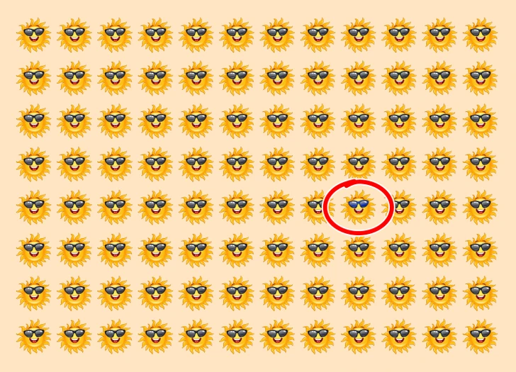 Encontre o sol diferente escondido no padrão de emojis de sol com óculos escuros sorrindo Teste visual com vários emojis de sol amarelo com óculos escuros e sorriso em fundo bege formando padrão repetitivo