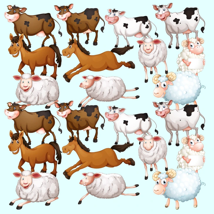 Encontre os únicos animais idênticos entre os animais da fazenda. Teste visual com uma ilustração colorida de vacas, cavalos e ovelhas com expressão amigável e divertida.