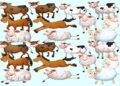 Teste visual com uma ilustração colorida de vacas, cavalos e ovelhas com expressão amigável e divertida.
