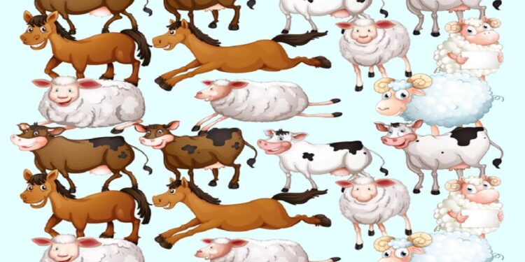 Teste visual com uma ilustração colorida de vacas, cavalos e ovelhas com expressão amigável e divertida.