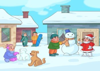 Teste visual com crianças construindo boneco de neve e brincando com cachorros em um quintal coberto de neve