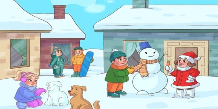 Teste visual com crianças construindo boneco de neve e brincando com cachorros em um quintal coberto de neve