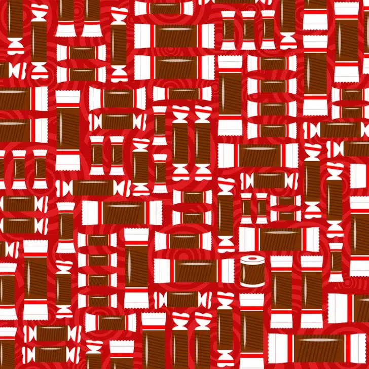 Ache o papel higiênico entre as barras de chocolate embaladas em vermelho e branco. Teste visual com um padrão repetitivo de barras de chocolate embaladas em vermelho e branco com textura marrom
