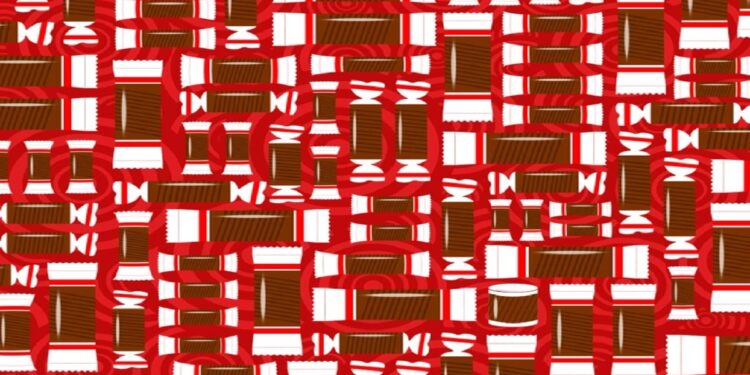 Teste visual com um padrão repetitivo de barras de chocolate embaladas em vermelho e branco com textura marrom