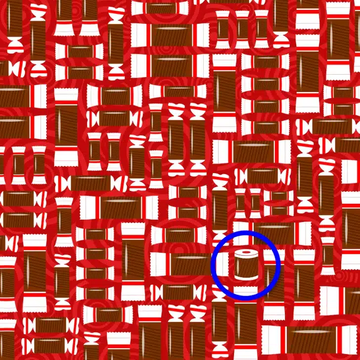 Encontre o papel higiênico entre o padrão colorido de barras de chocolate embaladas Teste visual com um padrão repetitivo de barras de chocolate embaladas em vermelho e branco com textura marrom