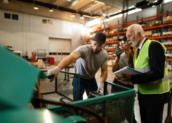 Trabalhadores em uma fábrica conversando com supervisor sobre escalas de trabalho no final de ano.