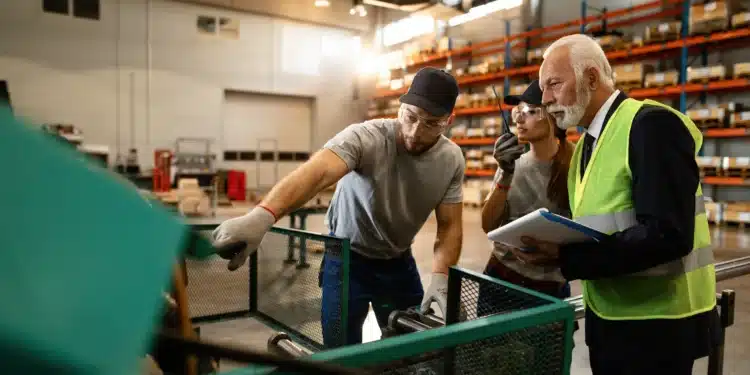 Trabalhadores em uma fábrica conversando com supervisor sobre escalas de trabalho no final de ano.