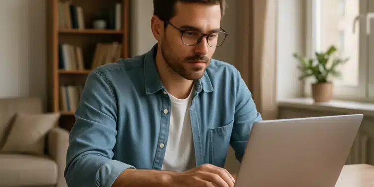 Homem jovem trabalhando em laptop em casa