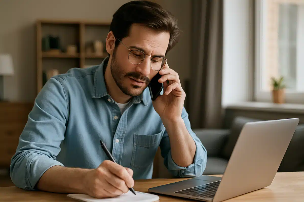 Trabalho remoto Homem de óculos usando telefone celular enquanto escreve em um caderno