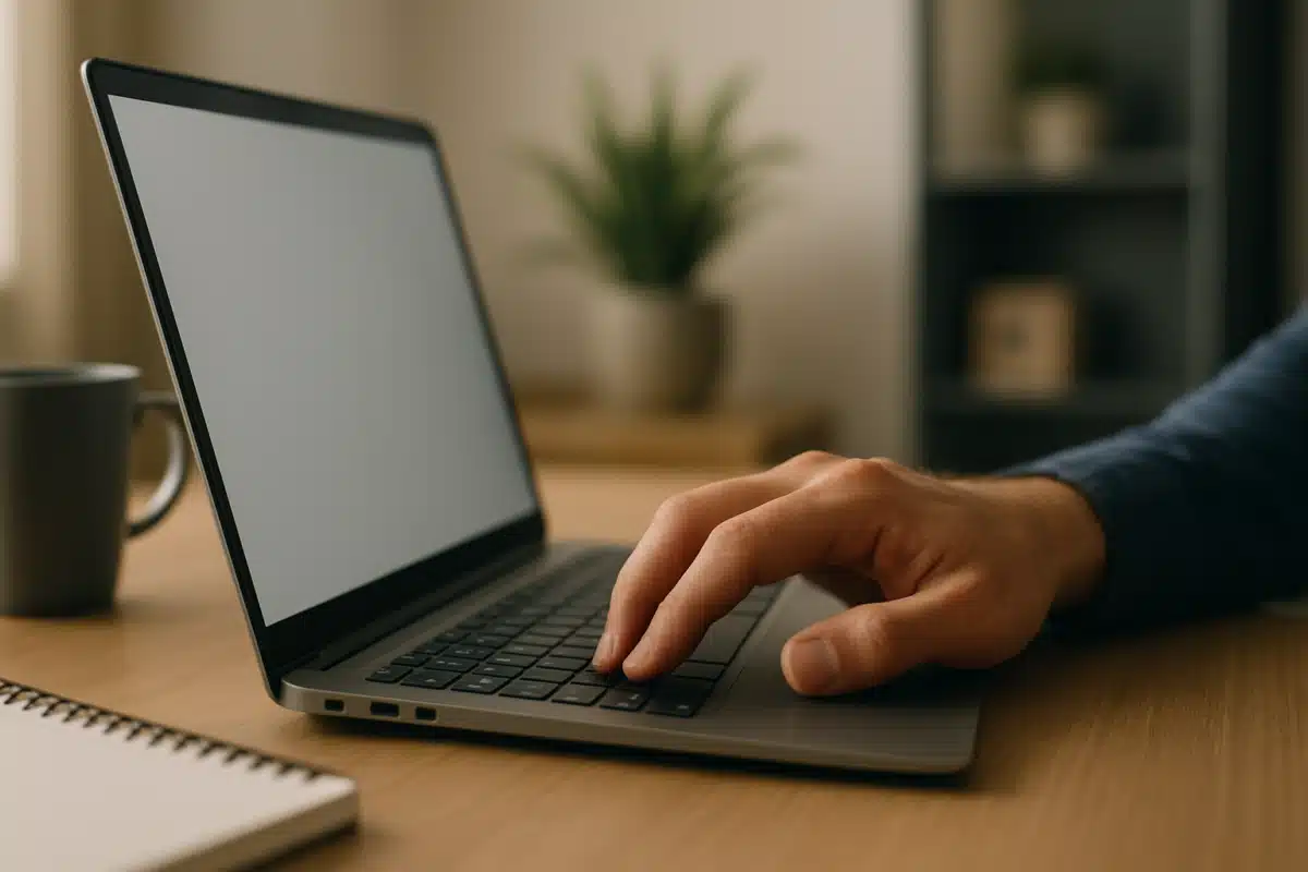 Trabalho home office Mão digitando em notebook em uma mesa de trabalho