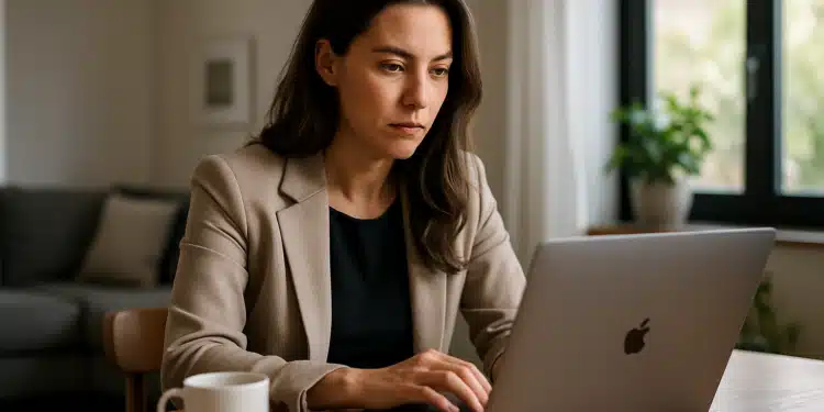 Mulher de blazer bege trabalhando em um notebook