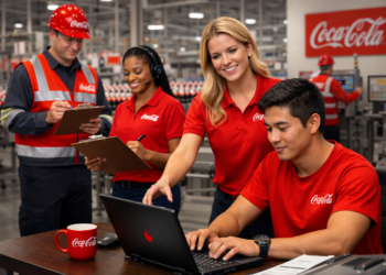 Colaboradores da Coca-Cola usando uniformes vermelhos em ambiente industrial com pranchetas e laptop