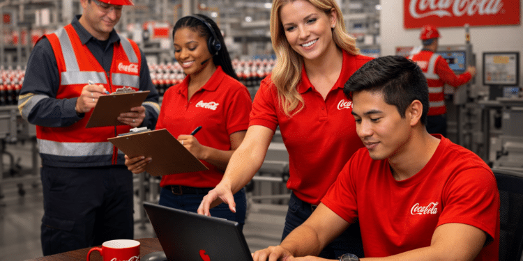 Colaboradores da Coca-Cola usando uniformes vermelhos em ambiente industrial com pranchetas e laptop