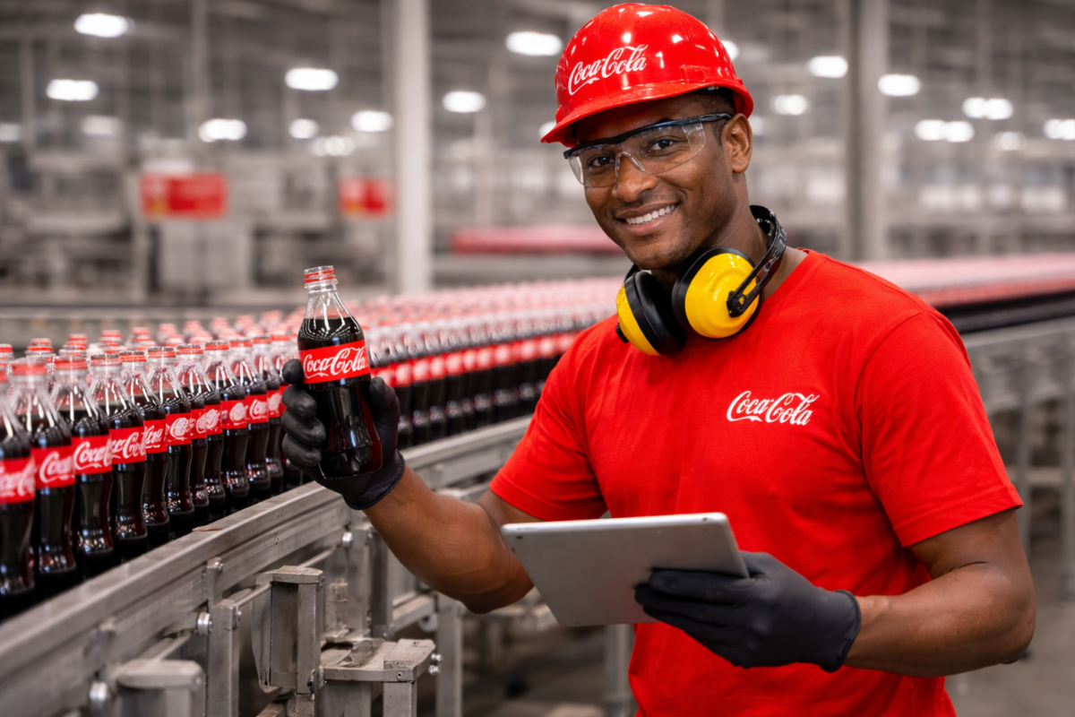 Funcionário sorridente na fábrica da Coca-Cola com capacete vermelho, segurando uma garrafa da bebida e um tablet