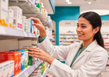 Mulher farmacêutica sorridente organizando caixas de medicamentos em prateleira de farmácia